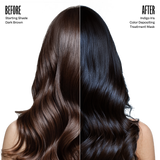 Before and after comparison of hair color treated with a color depositing treatment mask.