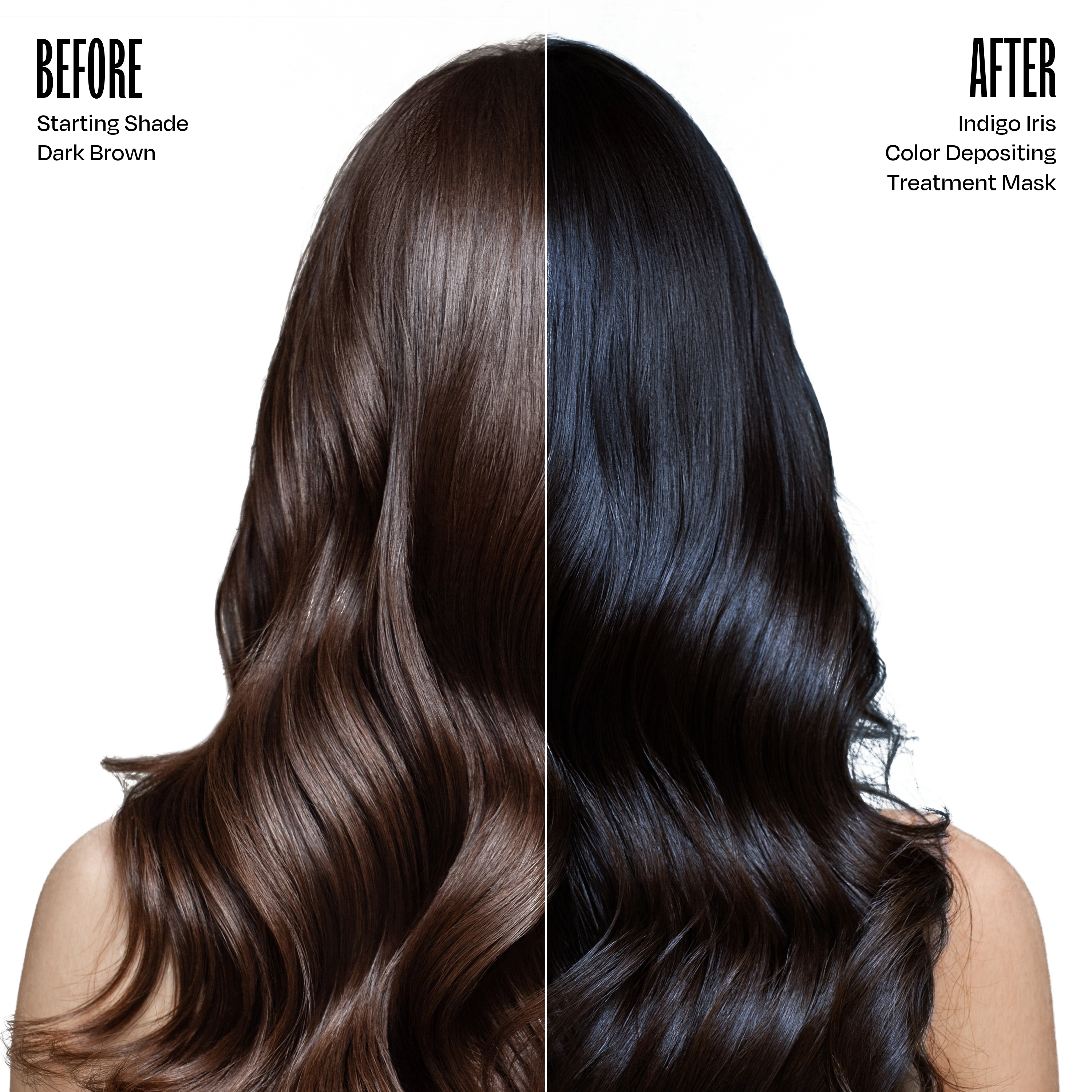 Before and after comparison of hair color treated with a color depositing treatment mask.