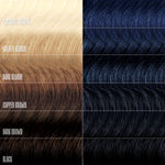 Hair color swatches in platinum blonde, golden blonde, dark blonde, copper brown, dark brown, and black.