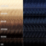 Hair color swatches in platinum blonde, golden blonde, dark blonde, copper brown, dark brown, and black.