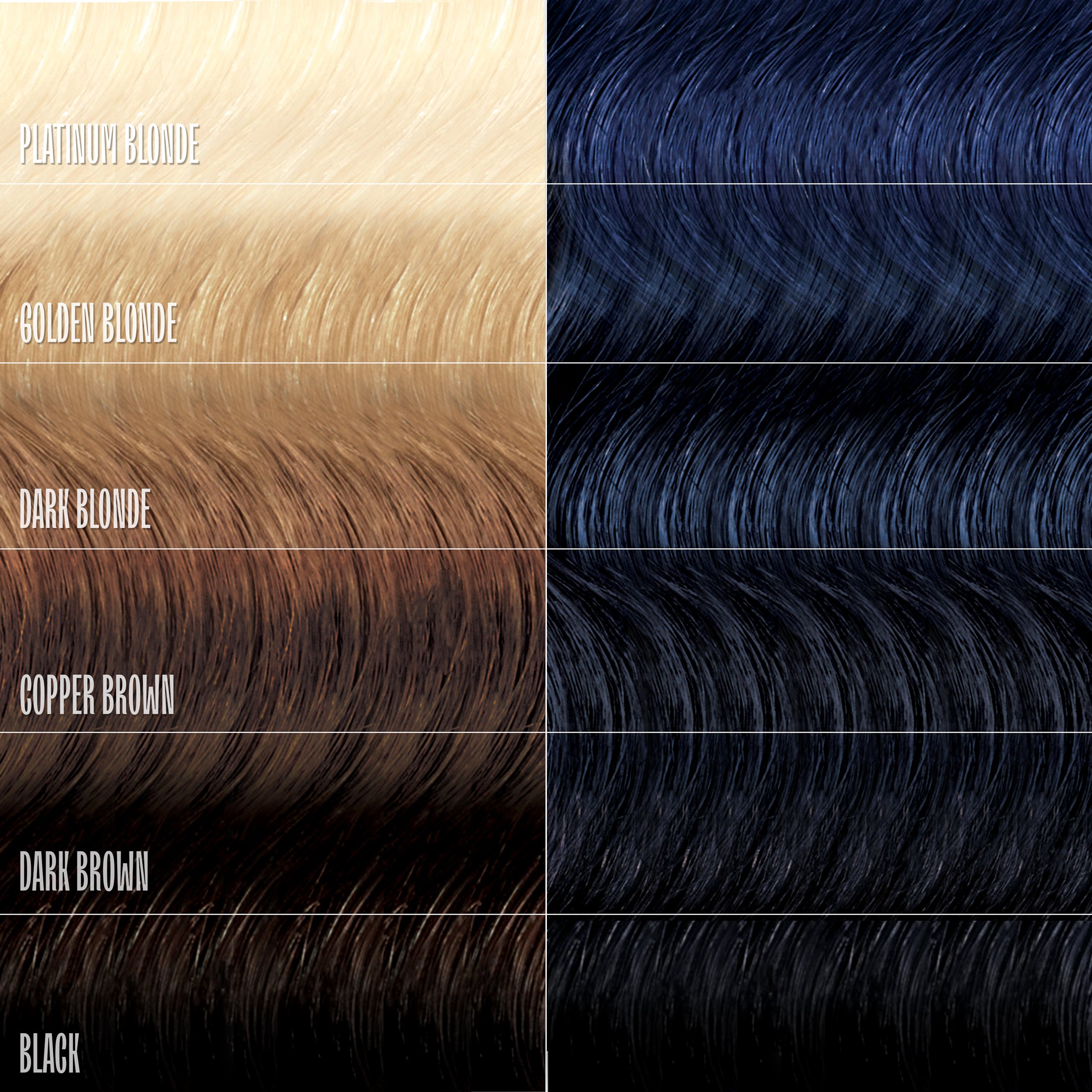 Hair color swatches in platinum blonde, golden blonde, dark blonde, copper brown, dark brown, and black.