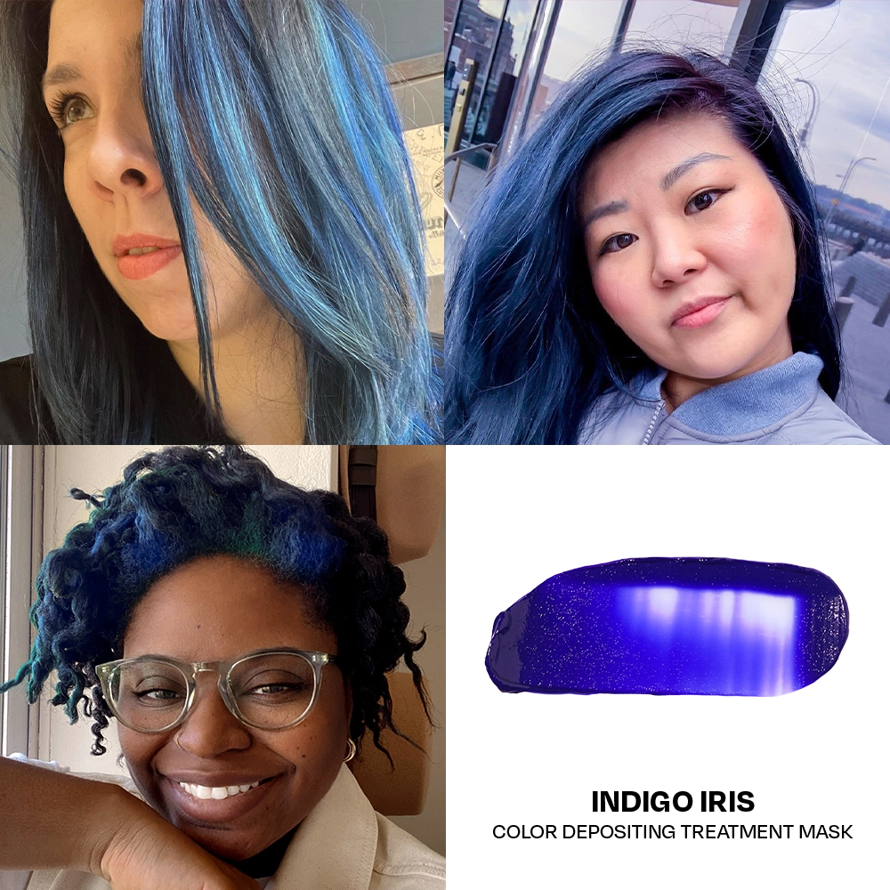 Collage of people with blue hair and a blue color depositing treatment mask.