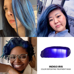 Collage of people with blue hair and a blue color depositing treatment mask.