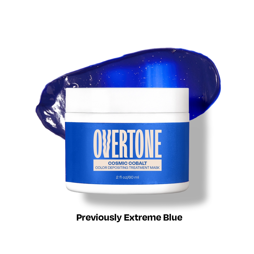 Overtone Cosmic Cobalt color depositing treatment mask jar with blue paste on a white background