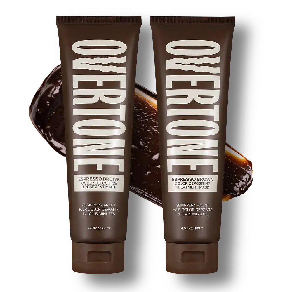 Two tubes of Overtone Espresso Brown hair color treatment mask on a white background