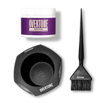 Overtone hair color product set with a jar, bowl, and brush on a white background