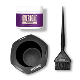 Overtone hair color product set with a jar, bowl, and brush on a white background