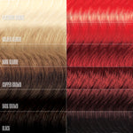 Hair color swatches including platinum blonde, golden blonde, dark blonde, copper brown, dark brown, and black.