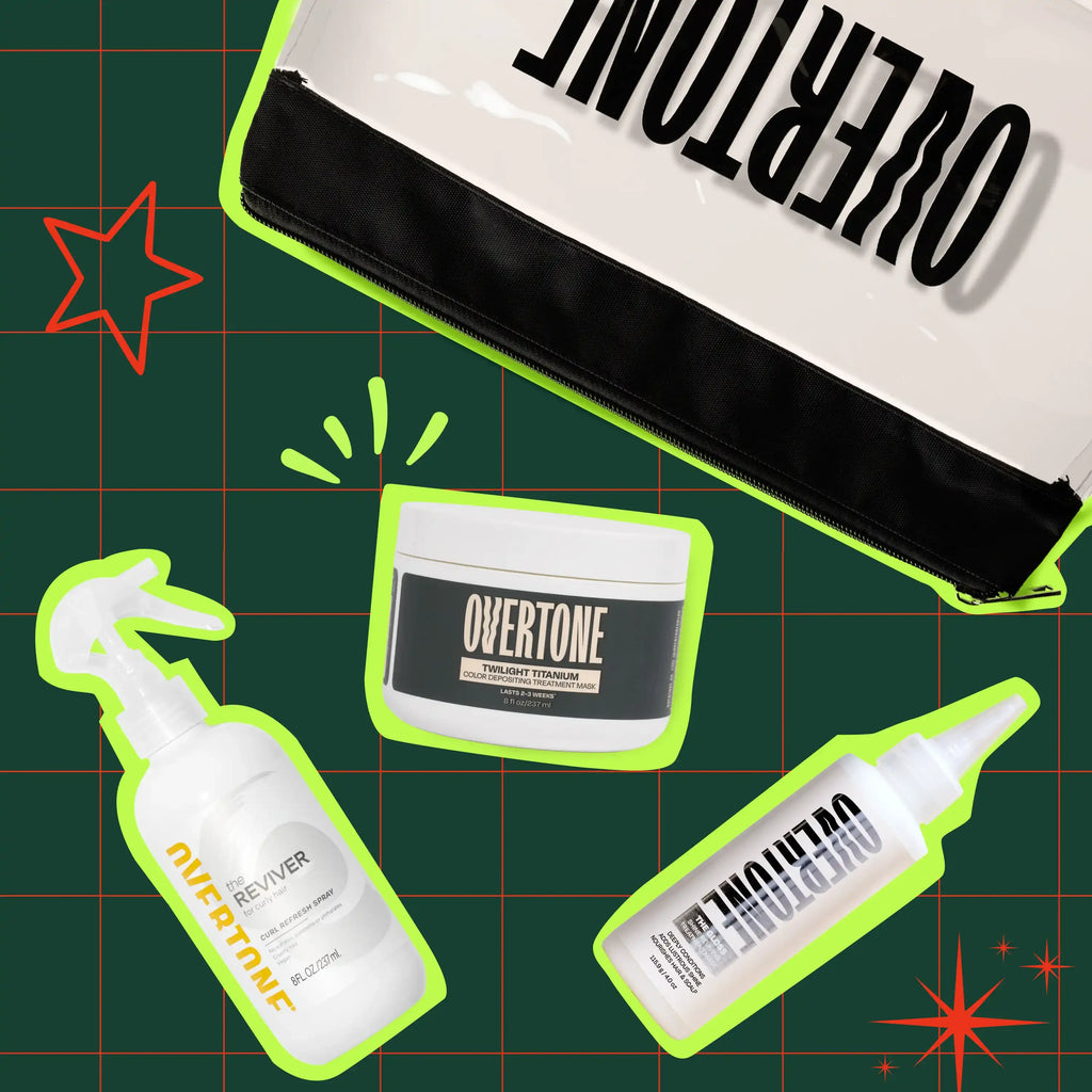 Overtone skincare products including a jar, spray bottle, and pouch on a green grid background.