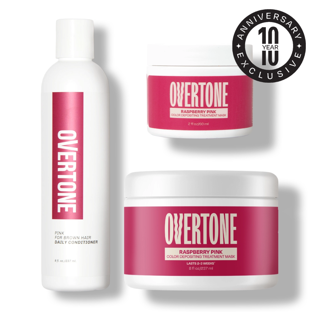 Overtone hair care products including a conditioner and two masks on a white background.