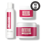 Overtone hair care products including a conditioner and two masks on a white background.