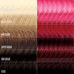 Color swatches of hair extensions with labels for platinum blonde, golden blonde, dark blonde, copper brown, dark brown, and black.