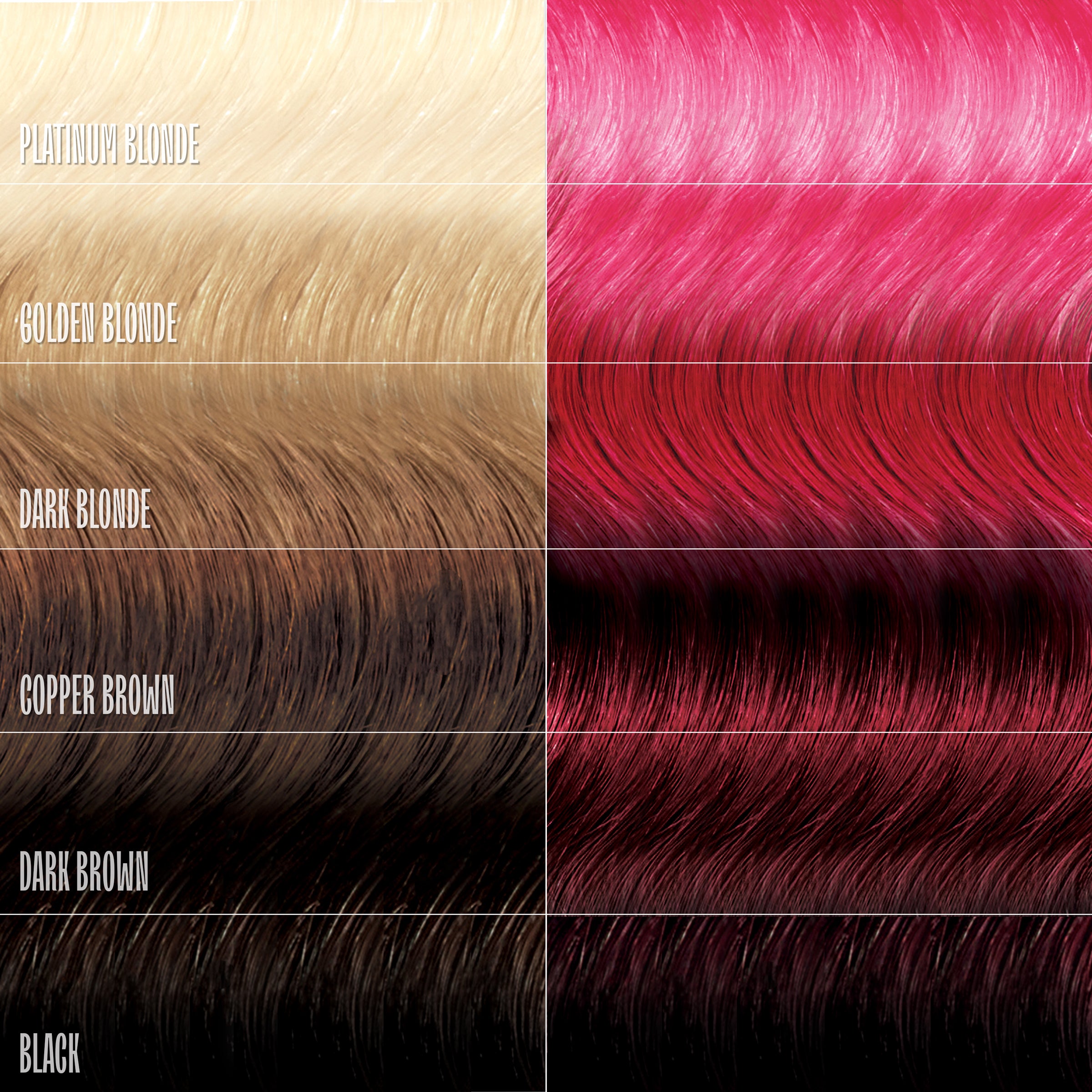 Color swatches of hair extensions with labels for platinum blonde, golden blonde, dark blonde, copper brown, dark brown, and black.