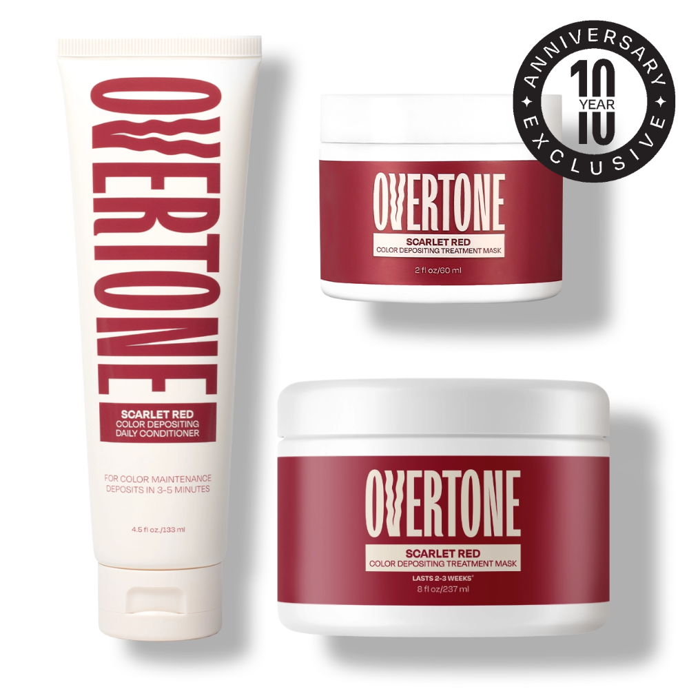 Overtone Scarlet Red hair color products on a white background with a 10th anniversary badge.