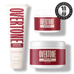 Overtone Scarlet Red hair color products on a white background with a 10th anniversary badge.