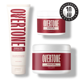 Overtone Scarlet Red hair color products on a white background with a 10th anniversary badge.