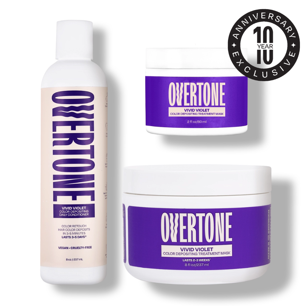 Overtone hair care products including a bottle and two jars on a white background.