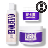 Overtone hair care products including a bottle and two jars on a white background.