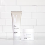 color fading shampoo and hydrating hair mask for fine hair on white shower shelf